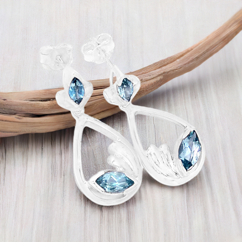 925 Sterling Silver Earrings In Blue Topaz Gemstone Jewelry 925SE433