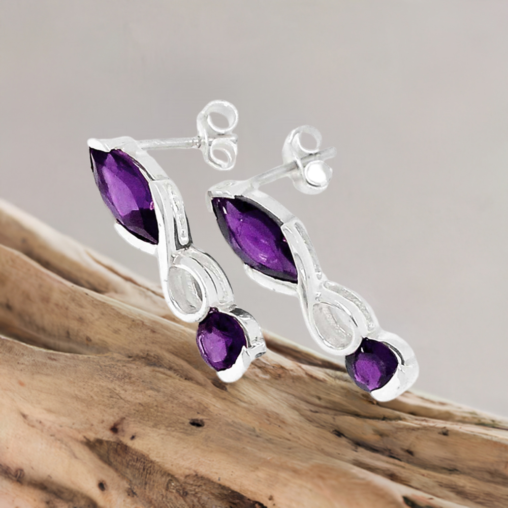925 Sterling Silver Earrings In Amethyst Gemstone Jewelry 925SE446