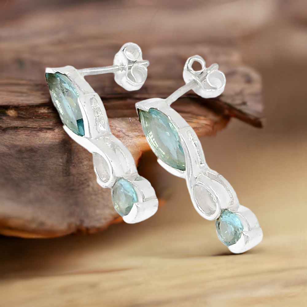 925 Sterling Silver Handmade Earrings In Blue Topaz Gemstone Jewelry 925SE447