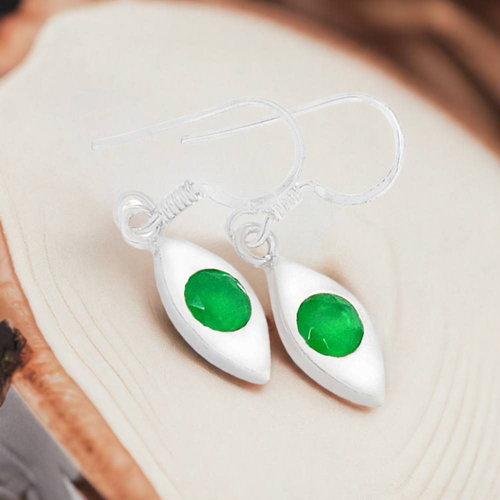 Solid 925 Silver Earrings In Genuine Green Onyx Gemstone 925SE462