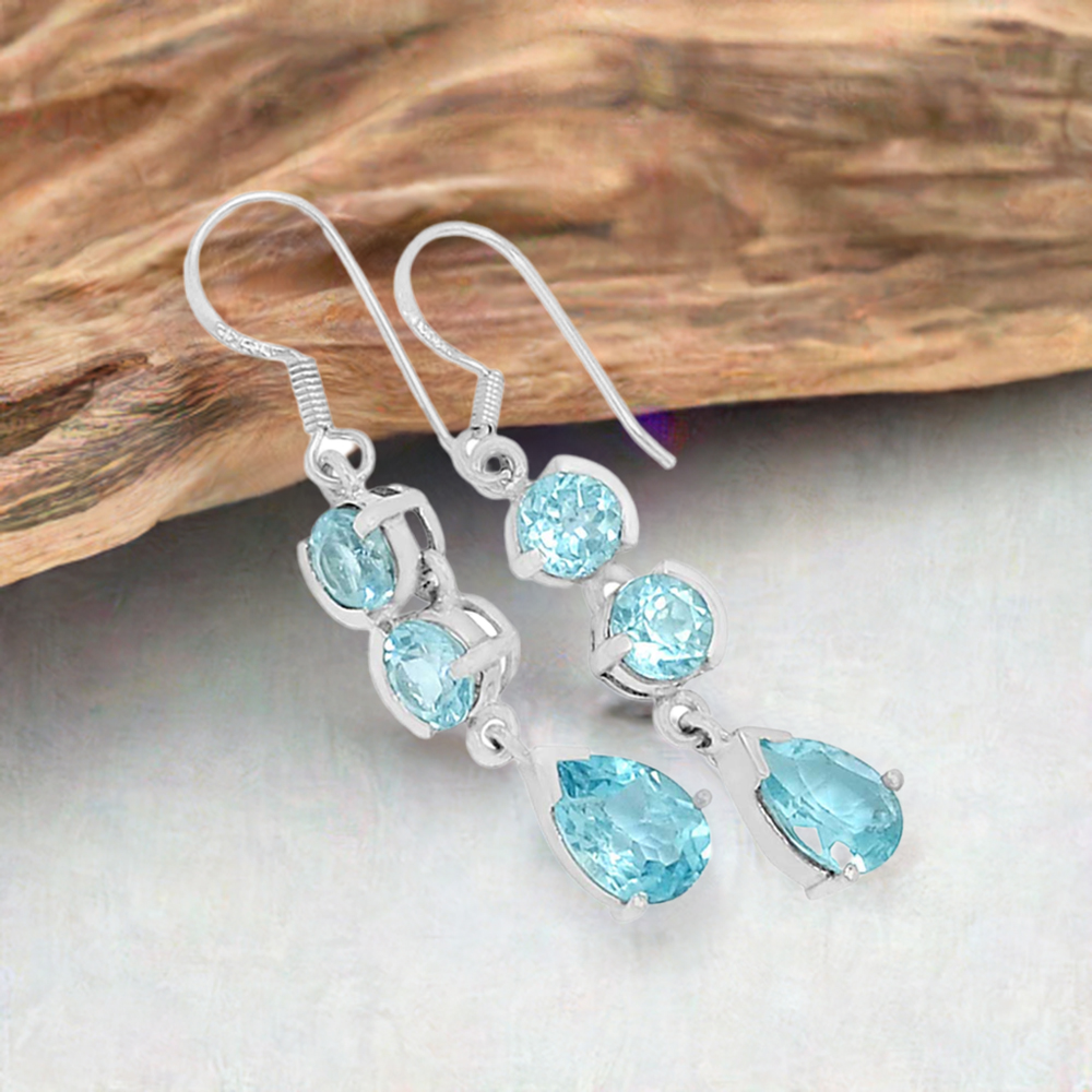 Semi Precious Blue Topaz Gemstone Earrings In Fine 925 Sterling Silver 925SE473