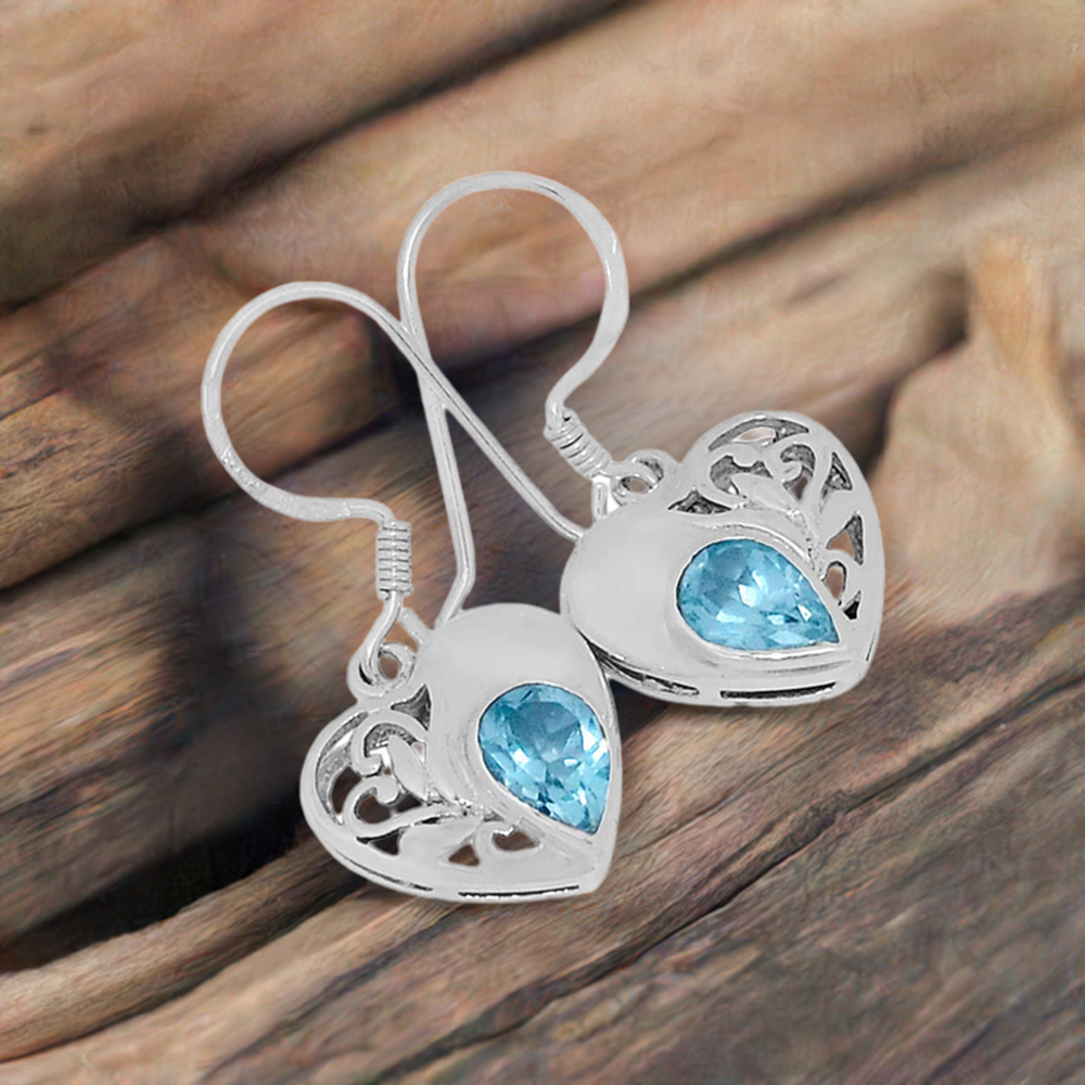 Solid 925 Silver Earrings In Semi Precious Blue Topaz Gemstone 925SE540