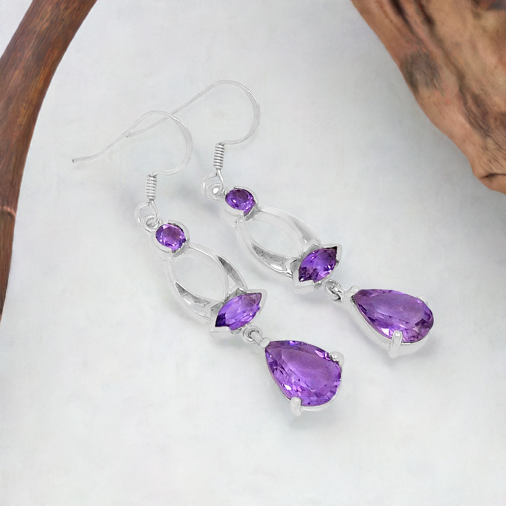 Semi Precious Amethyst Gemstone Earrings In 925 Sterling Silver Jewelry 925SE576