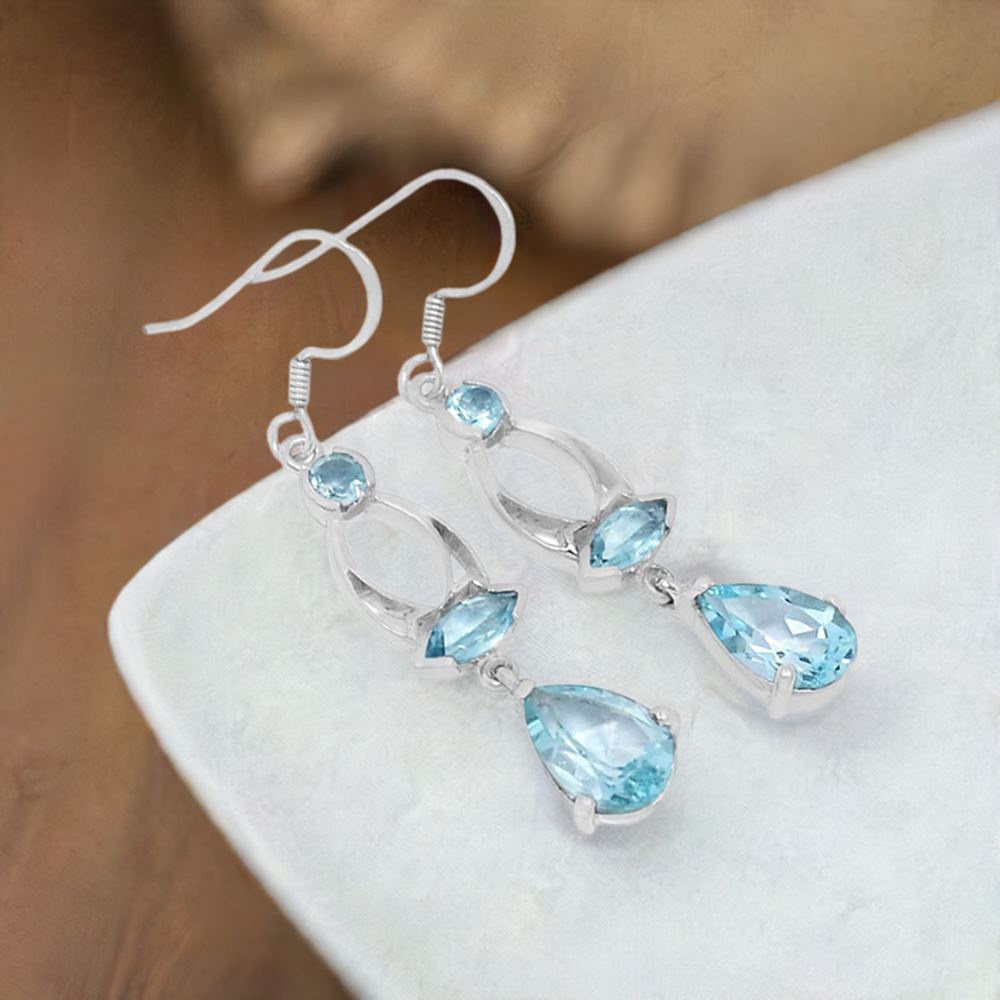 Genuine blue Topaz Gemstone Earrings In 925 Sterling Silver Jewelry 925SE577