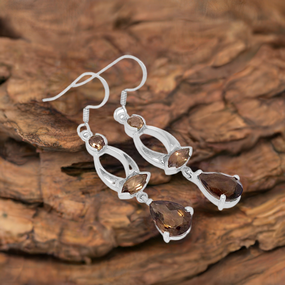 Semi Precious Smoky Quartz Gemstone Earrings In 925 Sterling Silver Jewelry 925SE579