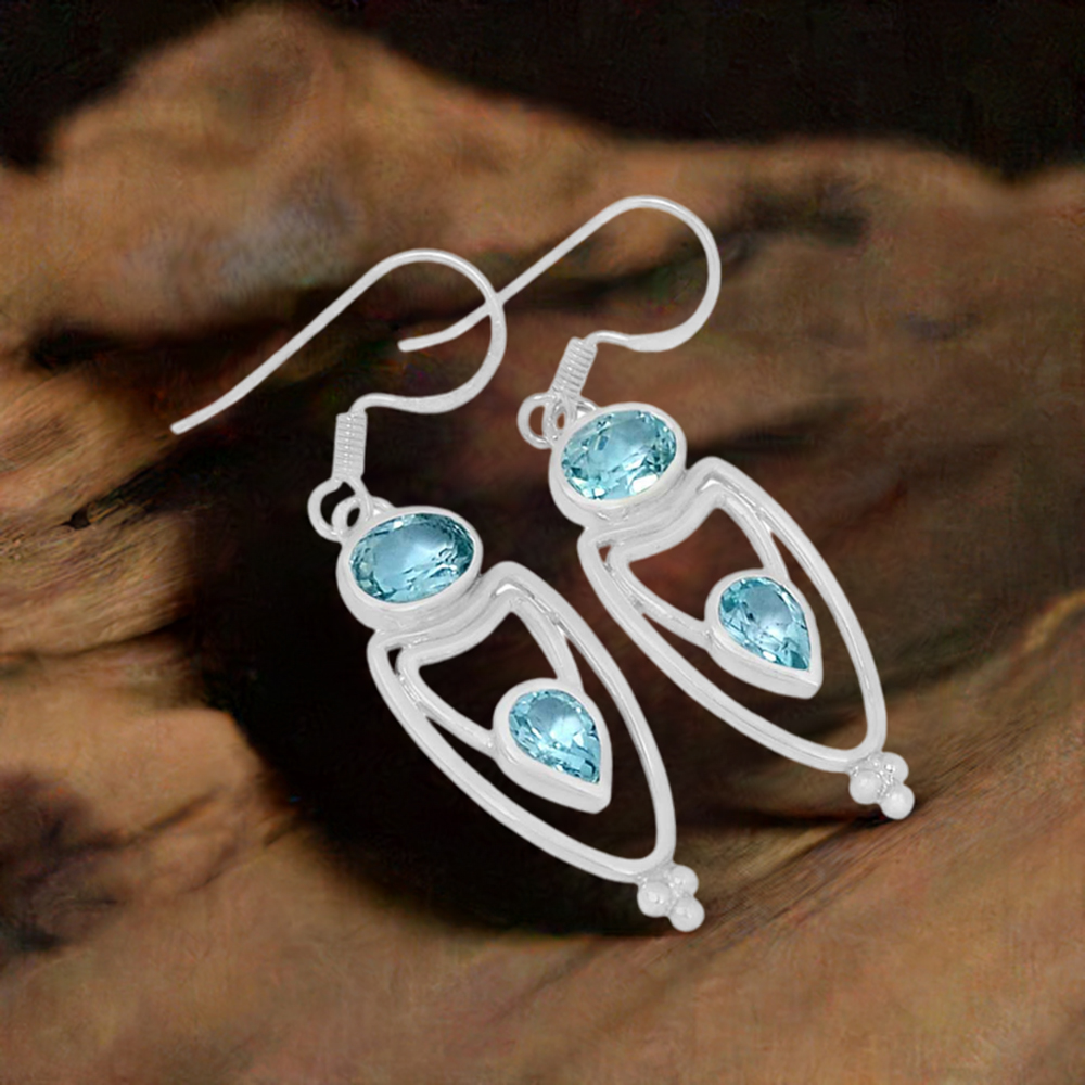 925 Sterling Silver Earrings In Blue Topaz Gemstone Jewelry 925SE590