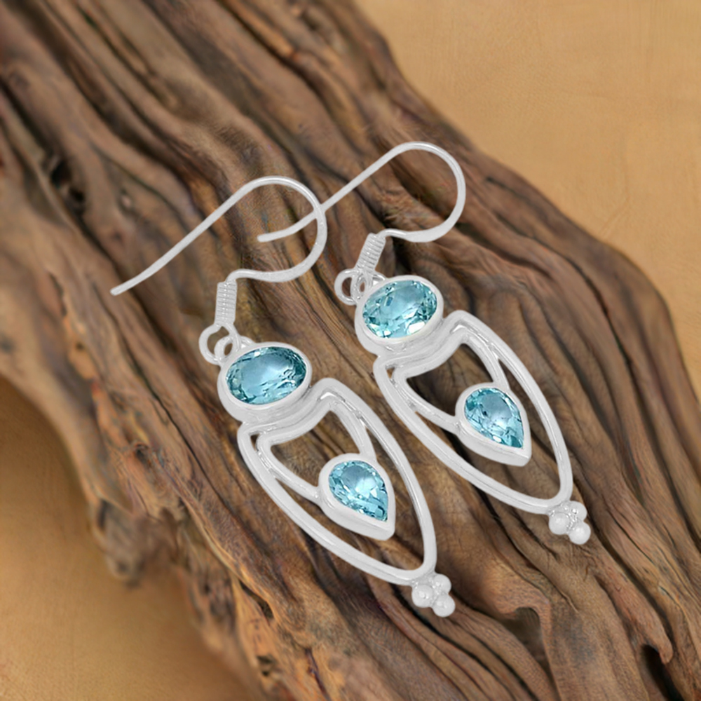 925 Sterling Silver Earrings In Blue Topaz Gemstone Jewelry 925SE591