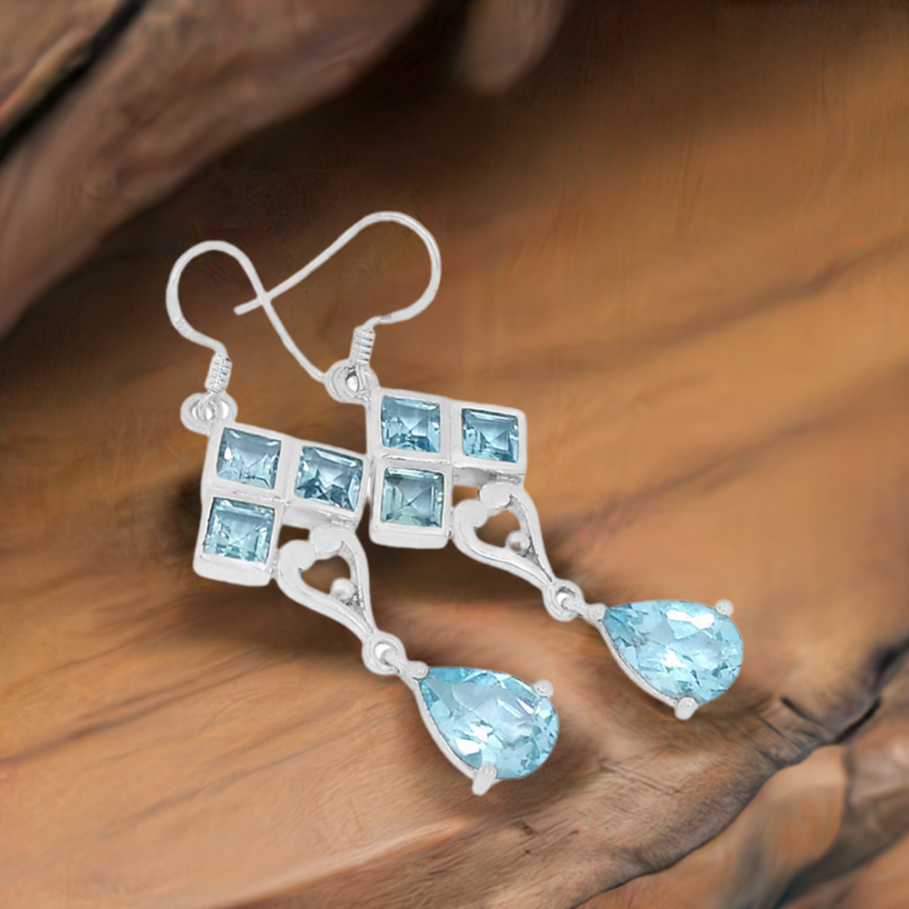 925 Sterling Silver Handmade Earrings In blue Topaz Gemstone Jewelry 925SE597