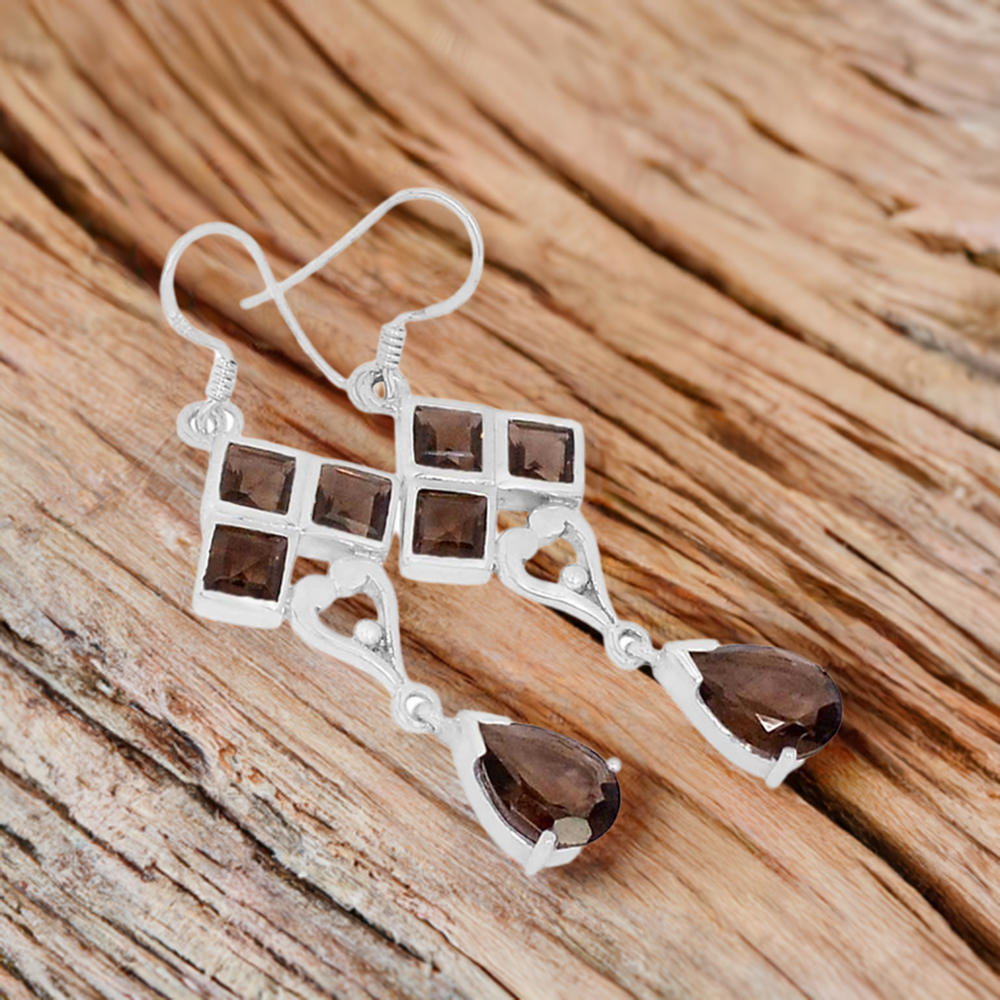 925 Sterling Silver Earrings In Smoky Quartz Gemstone Jewelry 925SE601