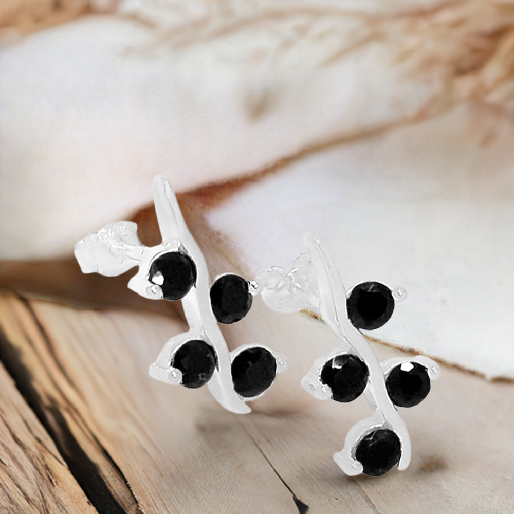 Solid 925 Silver Earrings In Semi Precious Black Onyx Gemstone 925SE619