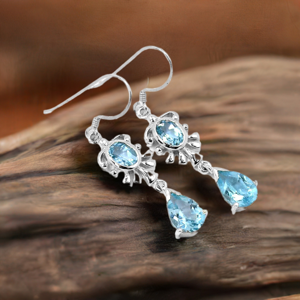 Semi Precious Blue Topaz Gemstone Earrings In 925 Sterling Silver Jewelry 925SE652