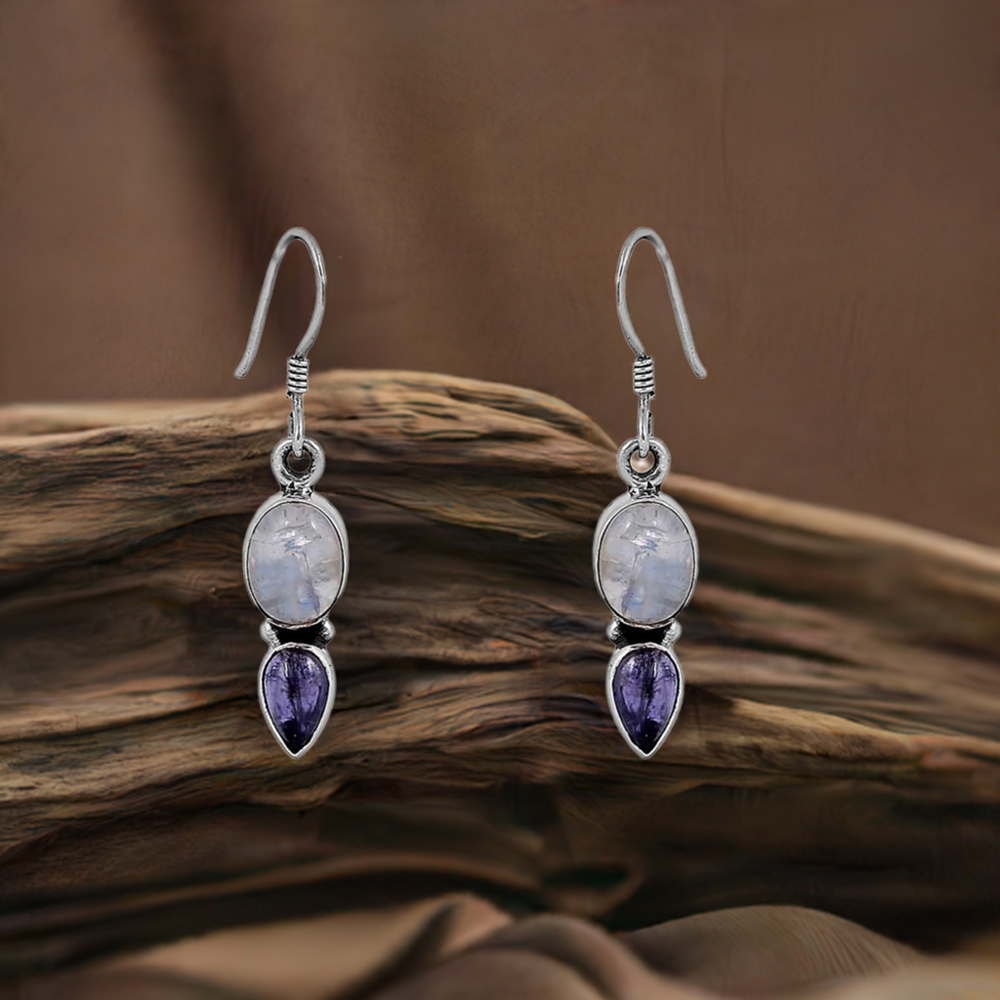 Genuine Rainbow Moonstone And Amethyst Gemstone Earring In 925 Silver Jewelry 925SE67