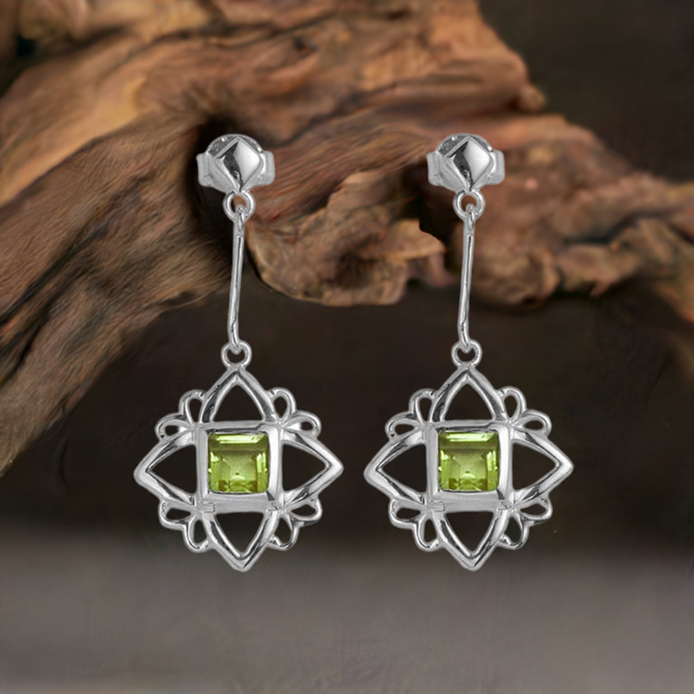 Solid 925 Silver Earrings In Semi Precious Peridot Gemstone 925SE698