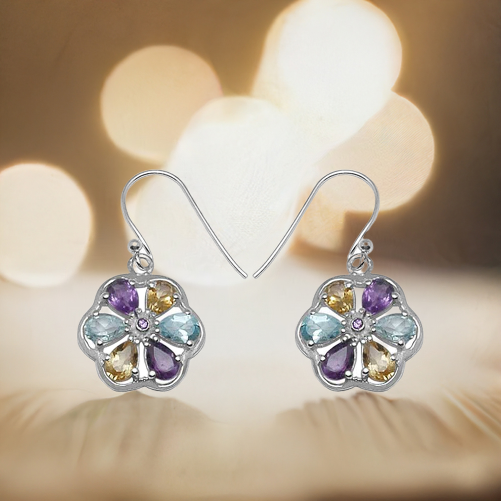 Solid 925 Silver Earrings In Genuine Multi Gemstone 925SE699