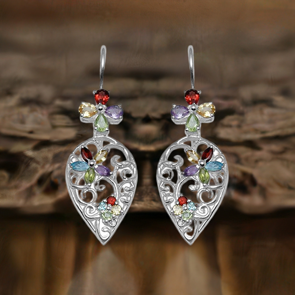 925 Sterling Silver Earrings In Genuine Multi Gemstone 925SE723