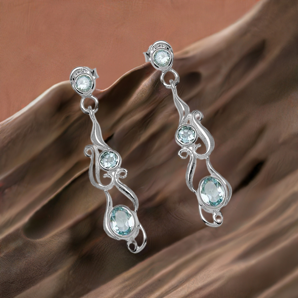 Solid 925 Silver Earrings In Natural Blue Topaz Gemstone 925SE776