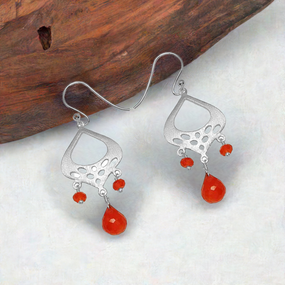 Solid 925 Silver Earrings In Genuine Carnelian Gemstone 925SE778