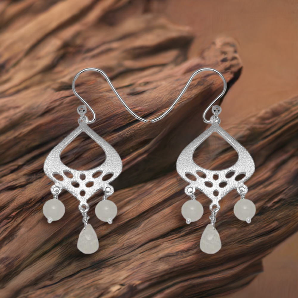 Fine 925 Sterling Silver Earrings In Semi Precious Rainbow Moonstone 925SE780