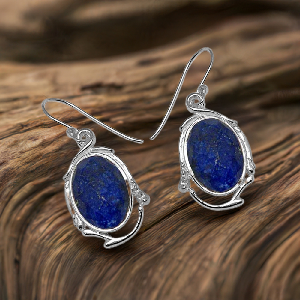 Natural Lapis Lazuli Gemstone Earrings In Fine 925 Sterling Silver 925SE788