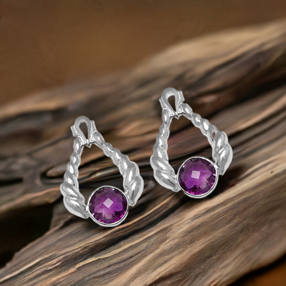 925 Sterling Silver Earrings In Semi Precious Amethyst Gemstone 925SE804