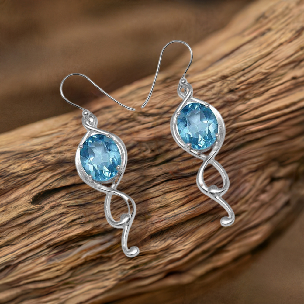 925 Sterling Silver Earrings In Blue Topaz Gemstone Jewelry 925SE831