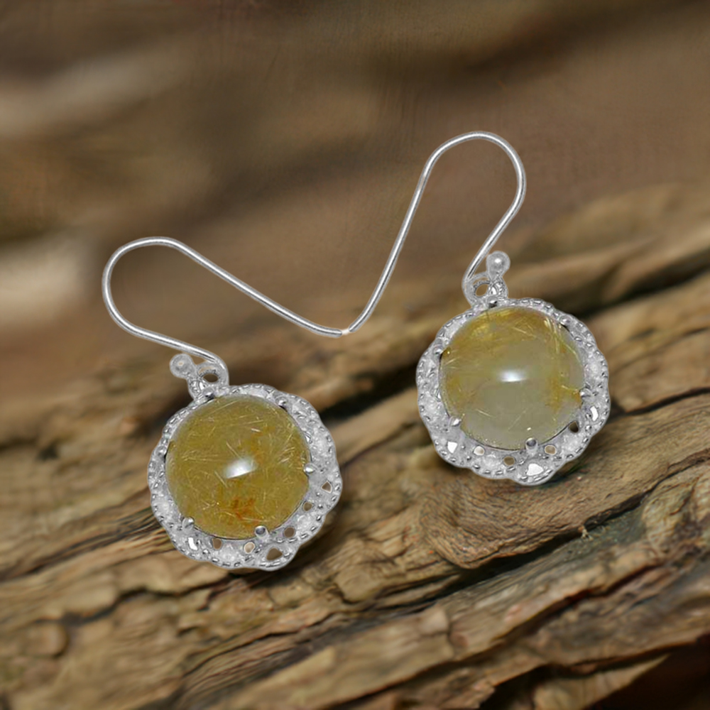 925 Sterling Silver Handmade Earrings In Golden Rutile Gemstone Jewelry 925SE851