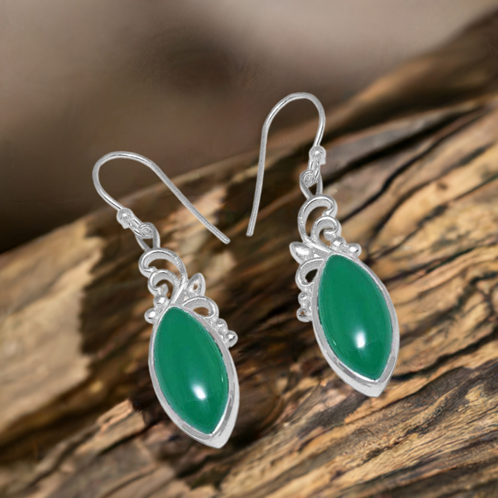 925 Sterling Silver Earrings In Natural Green Onyx Gemstone 925SE852