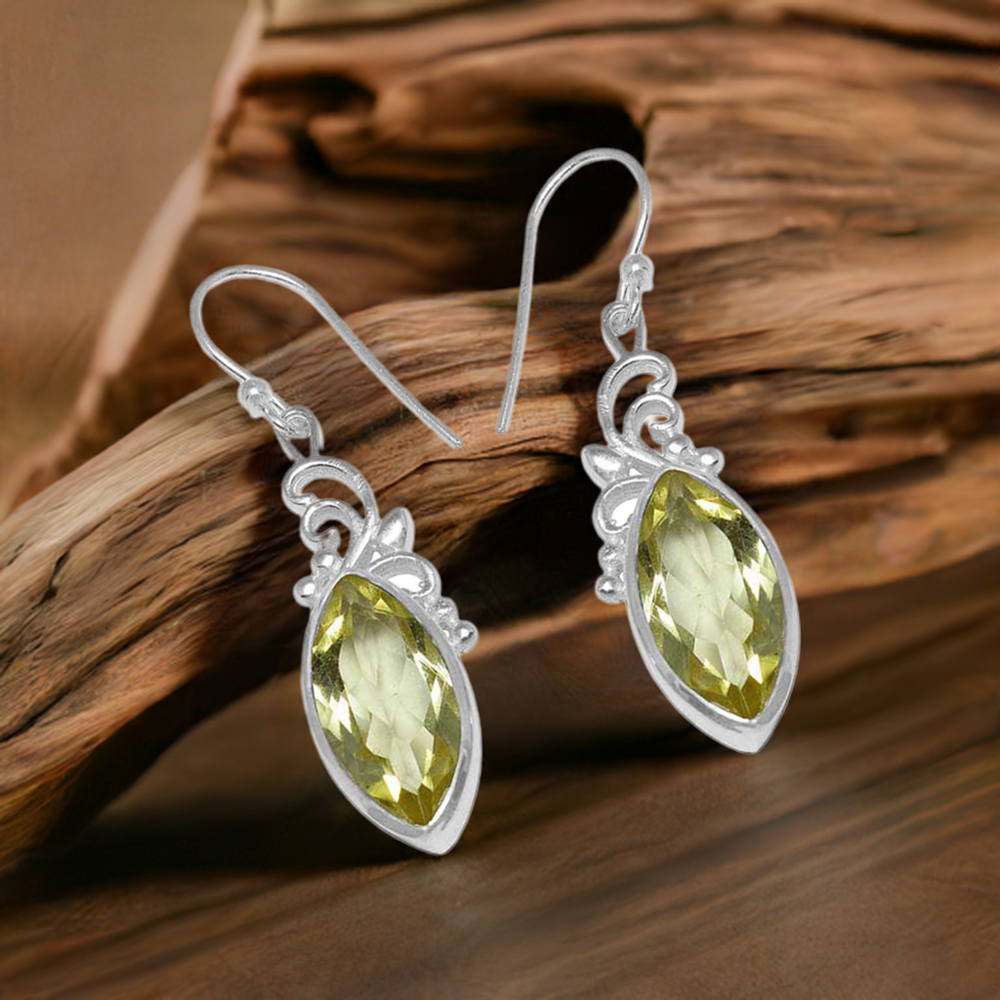 Solid 925 Silver Earrings In Natural Lemon Quartz Gemstone 925SE855