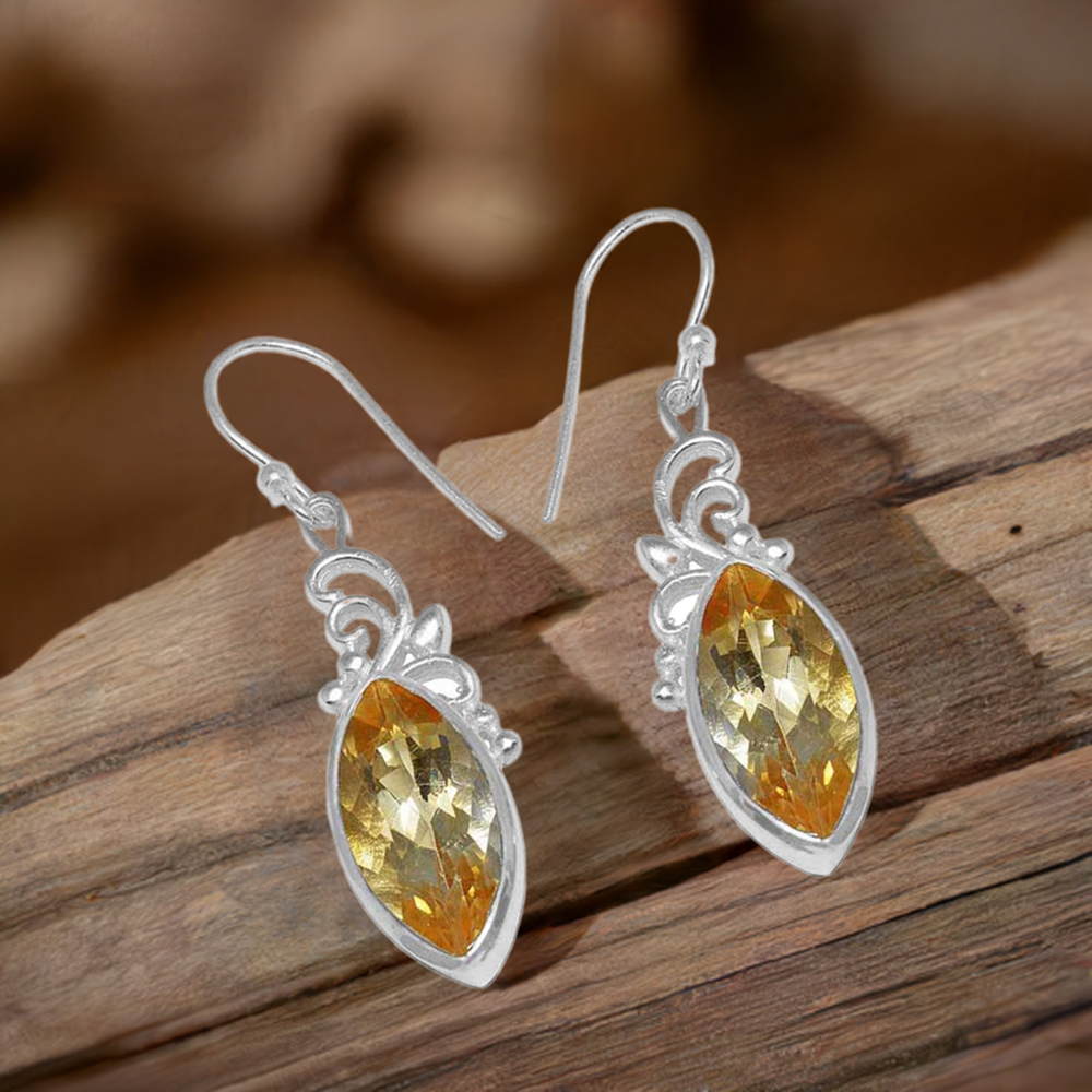 Solid 925 Silver Earrings In Semi Precious Citrine Gemstone 925SE856