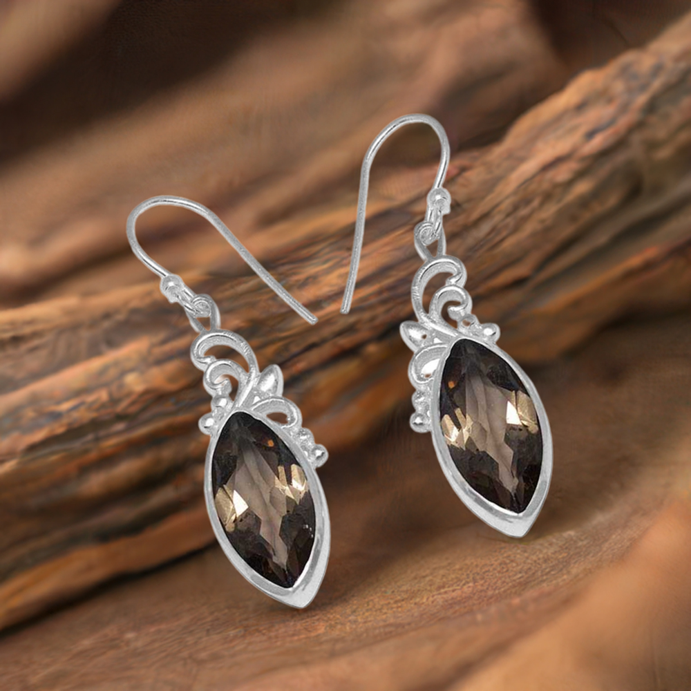 Fine 925 Sterling Silver Earrings In Natural Smoky Quartz Gemstone 925SE858