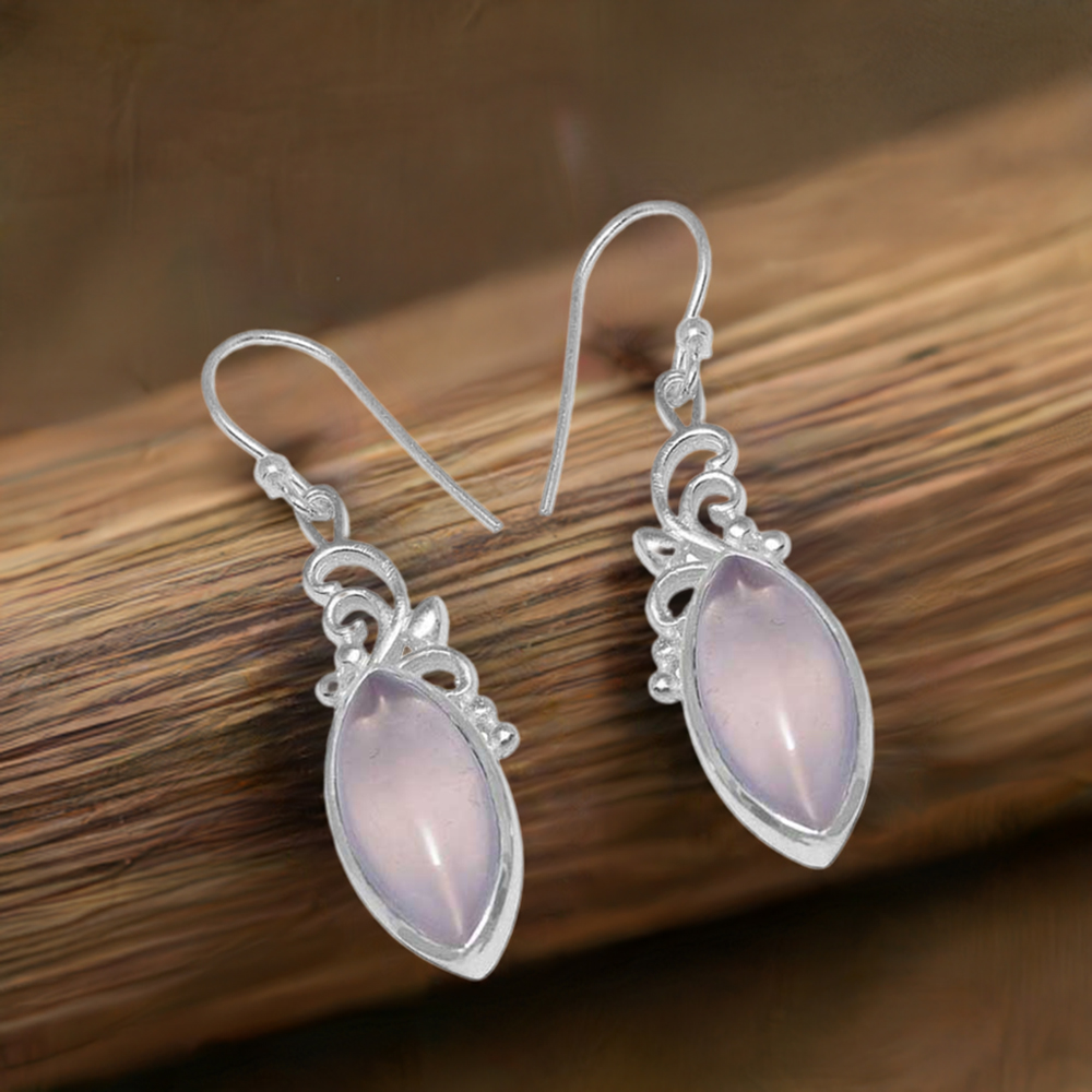 Fine 925 Sterling Silver Earrings In Semi Precious Rose Quartz Gemstone 925SE859