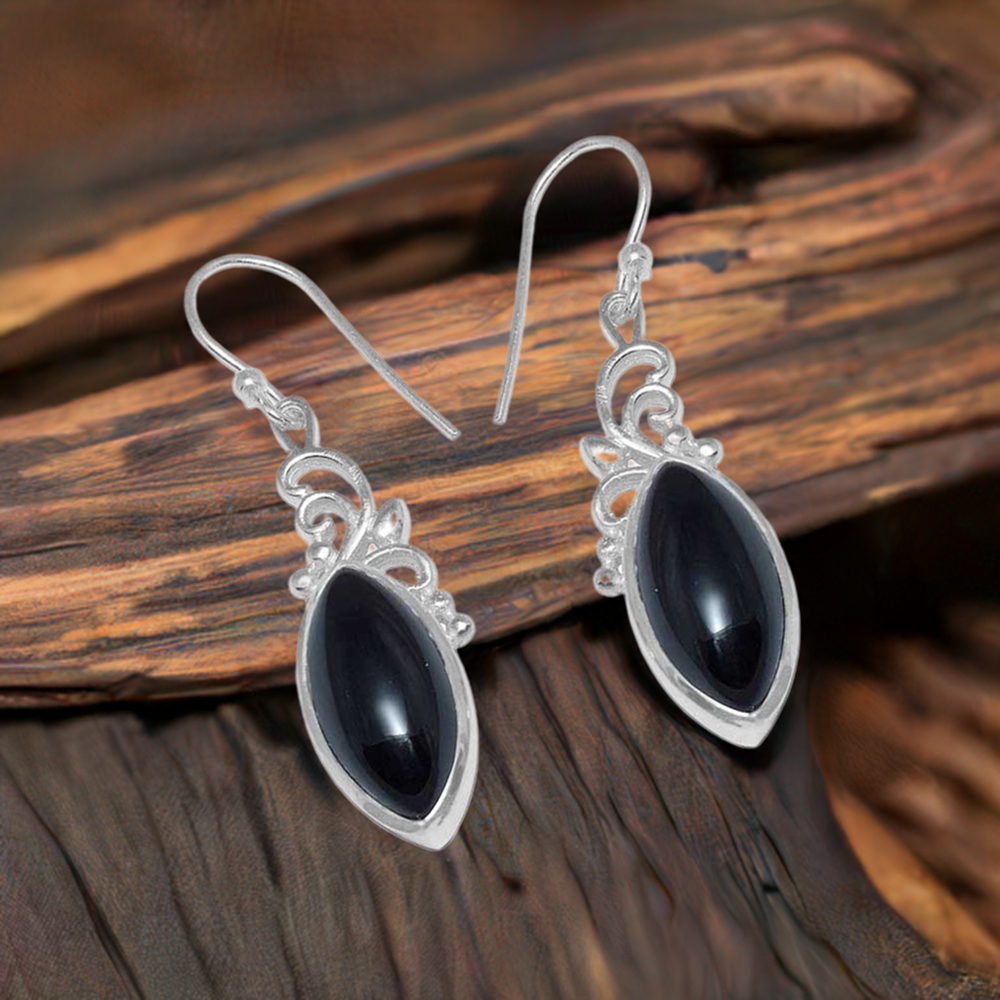 Fine 925 Sterling Silver Earrings In Genuine Black Onyx Gemstone 925SE860