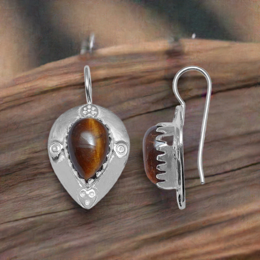 925 Sterling Silver Earrings In Natural Tiger's Eye Gemstone 925SE870