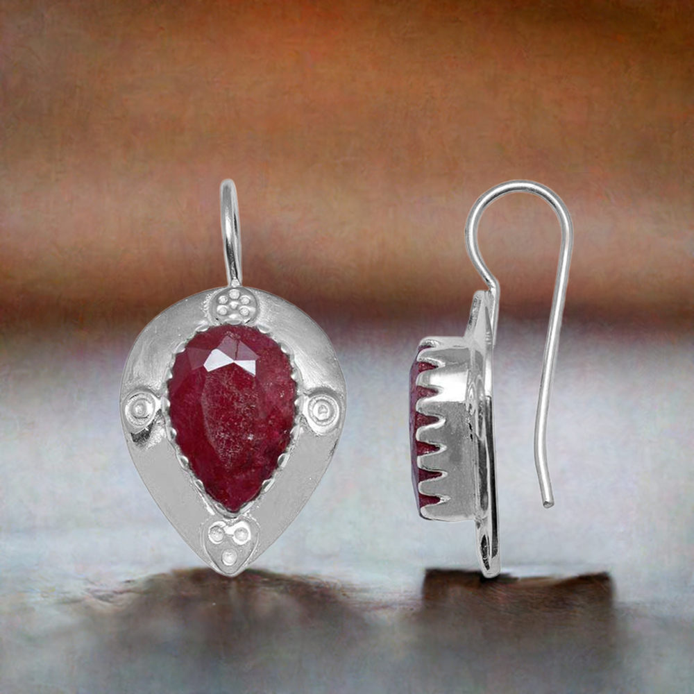 925 Sterling Silver Earrings In Semi Precious Dyed Ruby Gemstone 925SE871