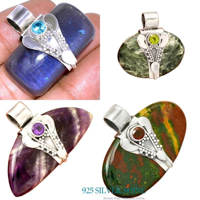 925 Sterling Silver Handmade Pendants In Multi Gemstone Jewelry 925SP072-4_4