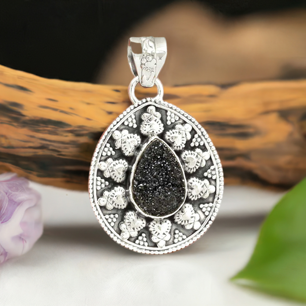 925 Sterling Silver Handmade Pendants In Black Druzy Gemstone Jewelry 925SP073-5