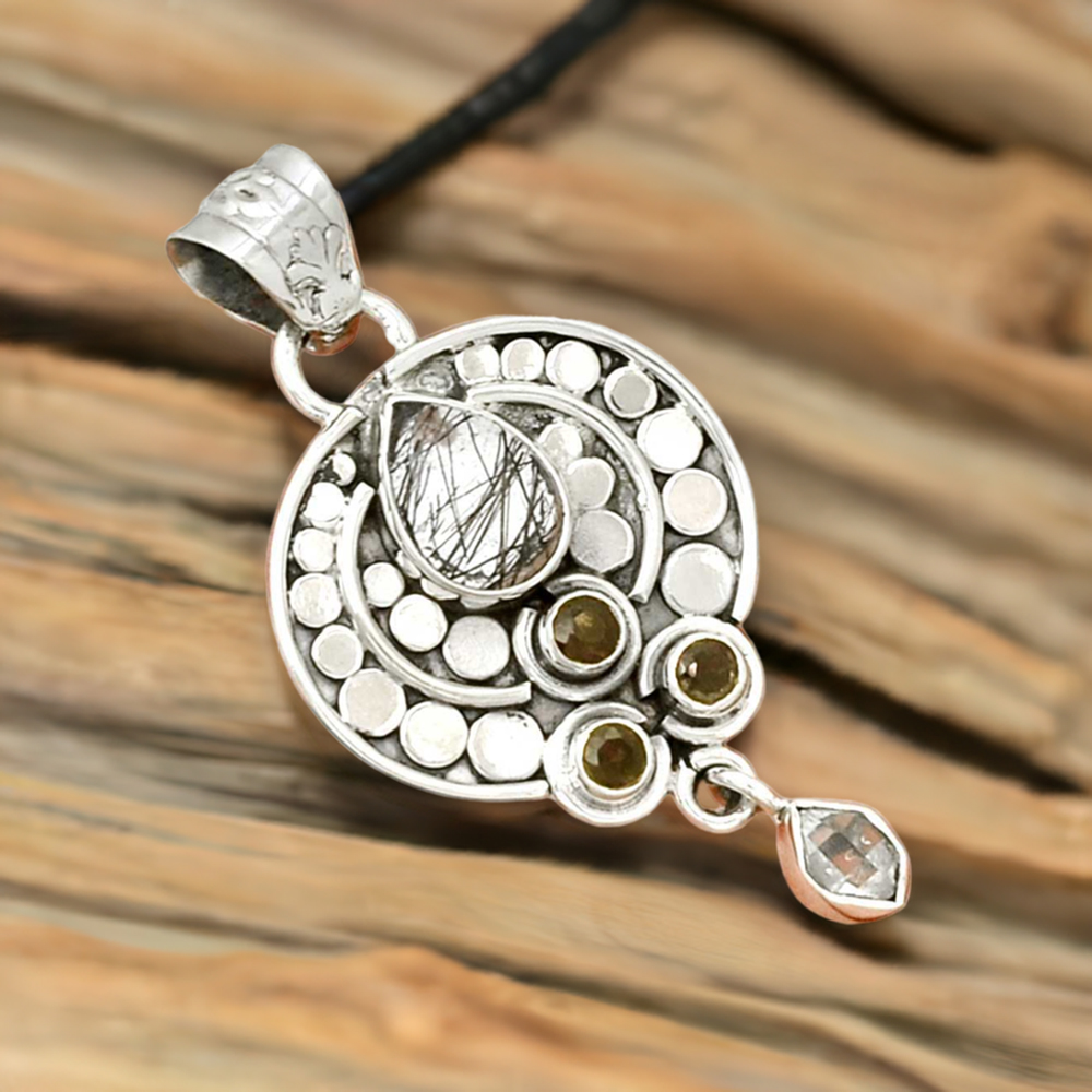 Solid Sterling Silver Handmade Pendants In Multi Gemstone Jewelry 925SP076-3