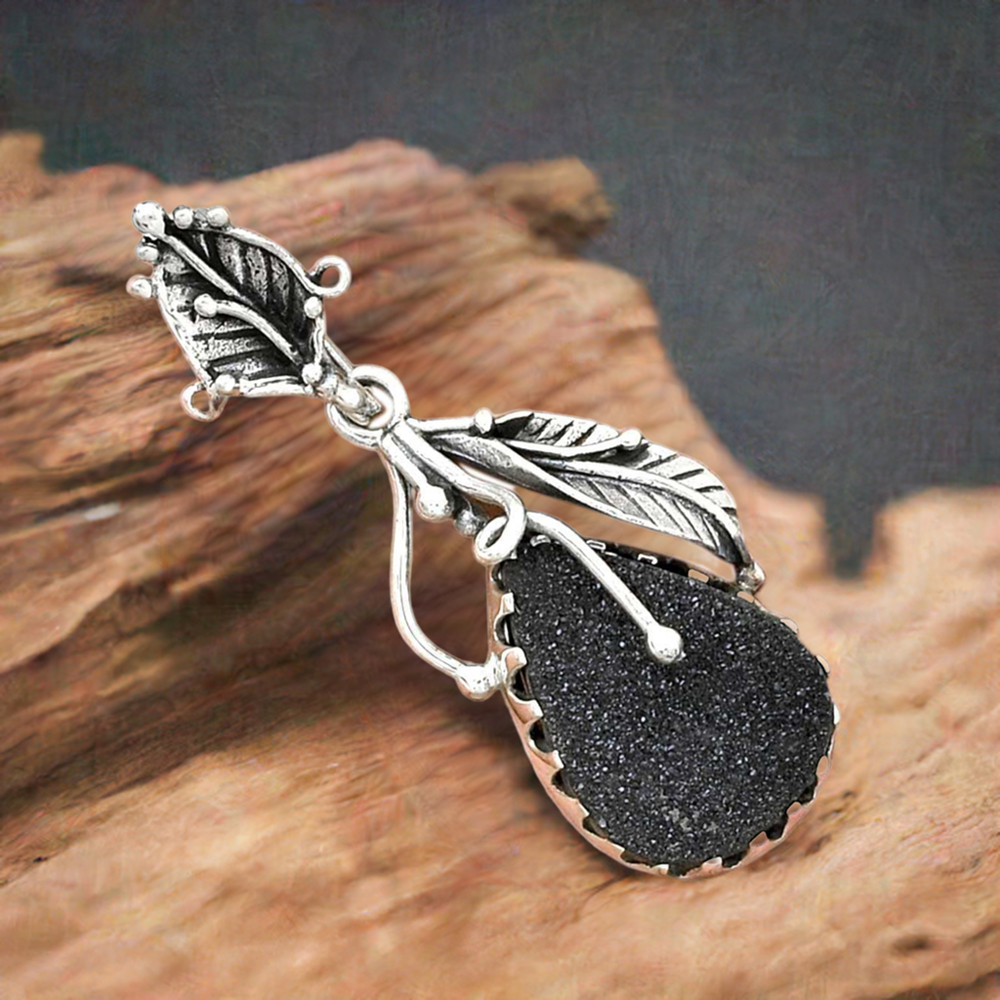 Black Druzy Gemstone Handmade Pendants In 925 Sterling Silver Jewelry 925SP082-3