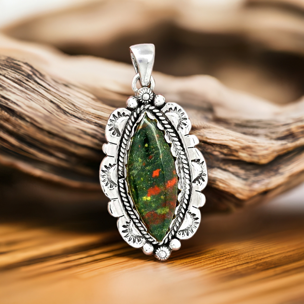 Solid Sterling Silver Handmade Pendants In Blood Stone Gemstone Jewelry 925SP086-1