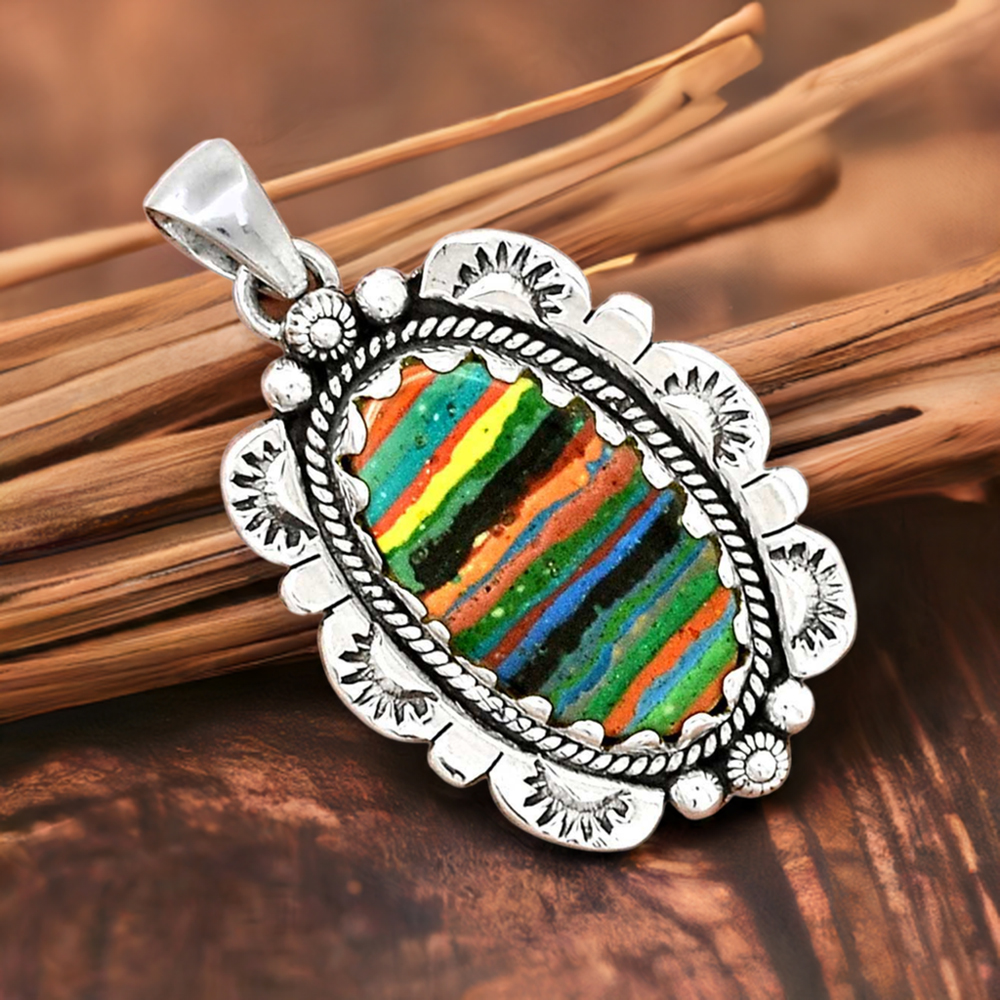 Solid Sterling Silver Handmade Pendants In Rainbow Calsilica Gemstone Jewelry 925SP086-6