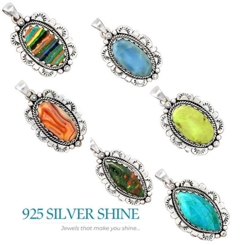 Solid Sterling Silver Handmade Pendants In Rainbow Calsilica Gemstone Jewelry 925SP086-6_4