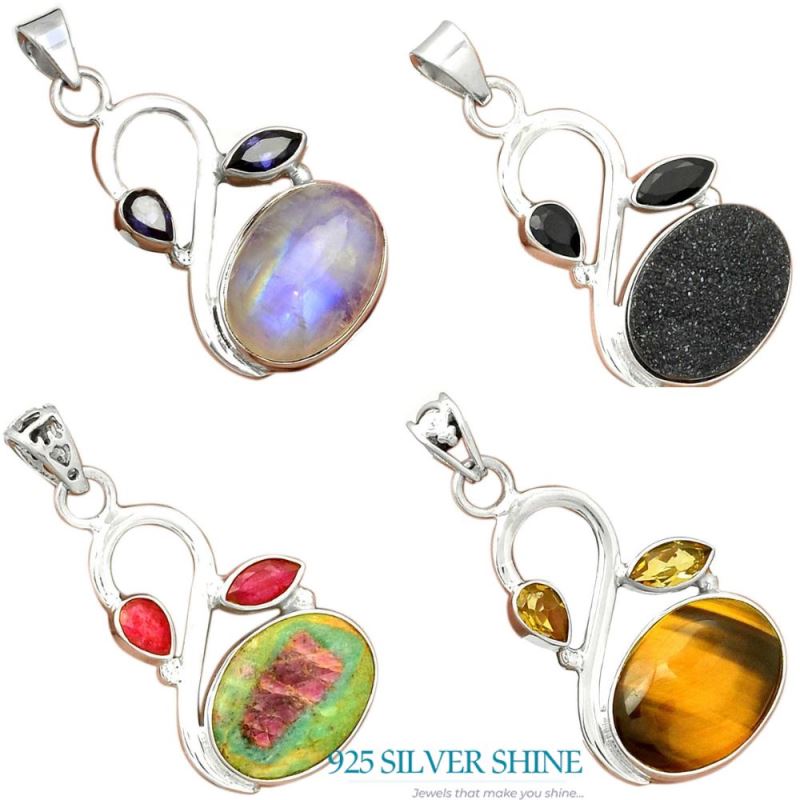 Solid Sterling Silver Handmade Pendants In Multi Gemstone Jewelry 925SP088-4_4
