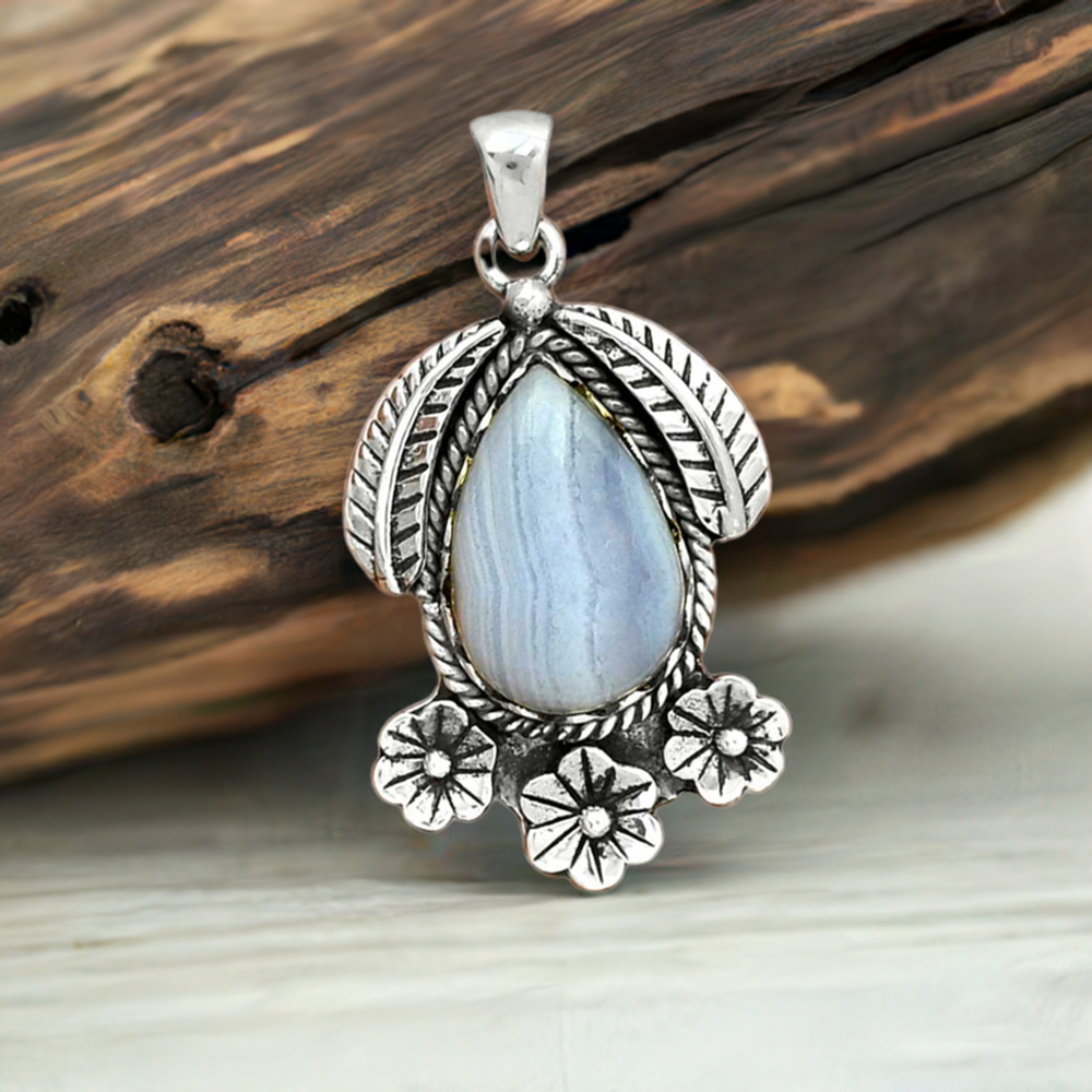 Blue Lace Agate Gemstone Handmade Pendants In 925 Sterling Silver Jewelry 925SP091-4