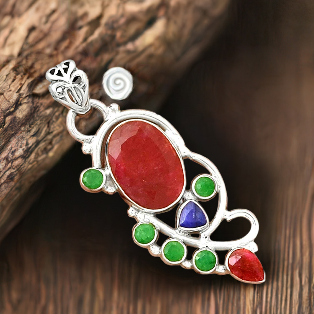 925 Sterling Silver Handmade Pendants In Multi Gemstone Jewelry 925SP095-4