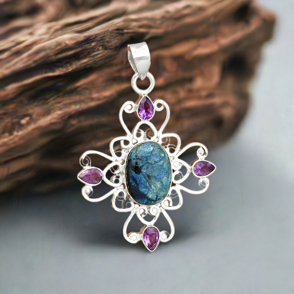 Solid Sterling Silver Handmade Pendants In Multi Gemstone Jewelry 925SP097-2