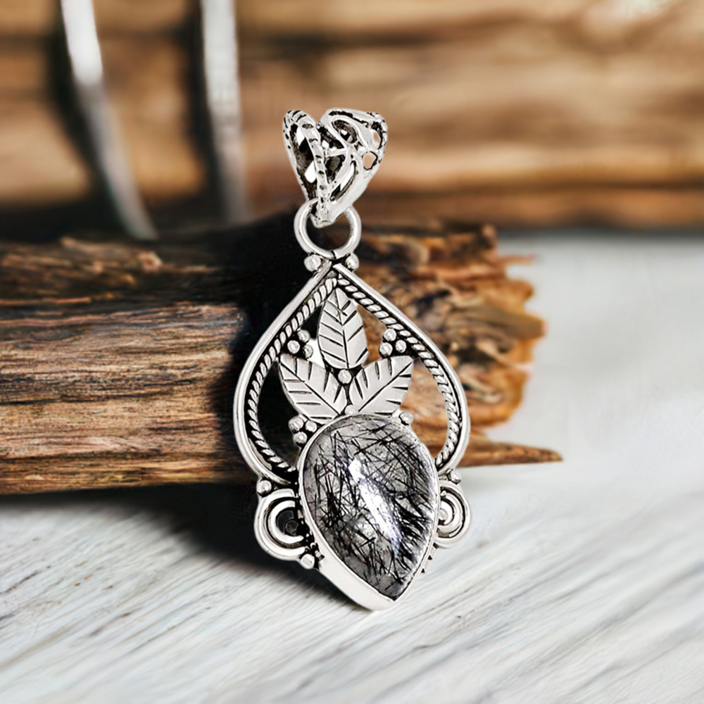 Fine Sterling Silver Pendants In Black Rutile Gemstone Jewelry 925SP107-1