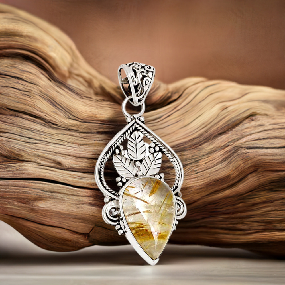 925 Solid Silver Pendants In Golden Rutile Gemstone Jewelry 925SP107-2