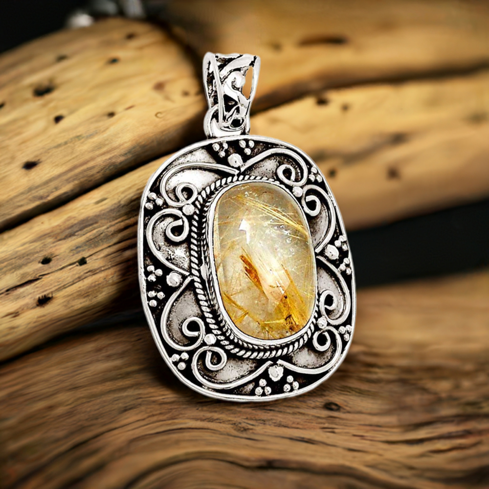 Golden Rutile Gemstone Pendants In Solid Sterling Silver Jewelry 925SP115-2