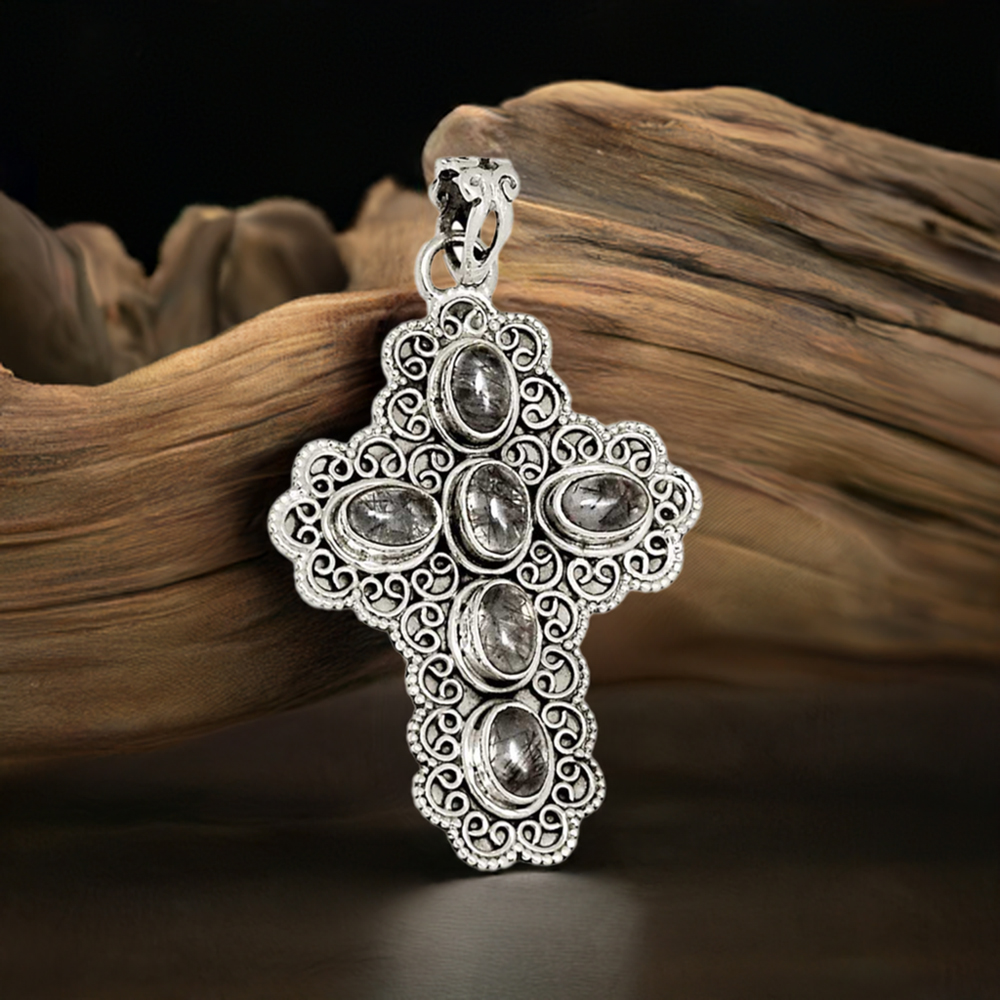 Black Rutile Gemstone Pendants In 925 Fine Silver Jewelry 925SP123-1