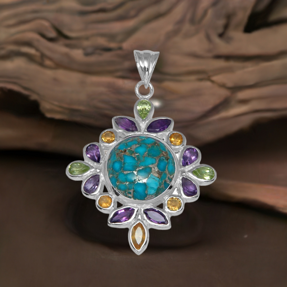 Multi Gemstone Pendants In 925 Fine Silver Jewelry 925SP1450